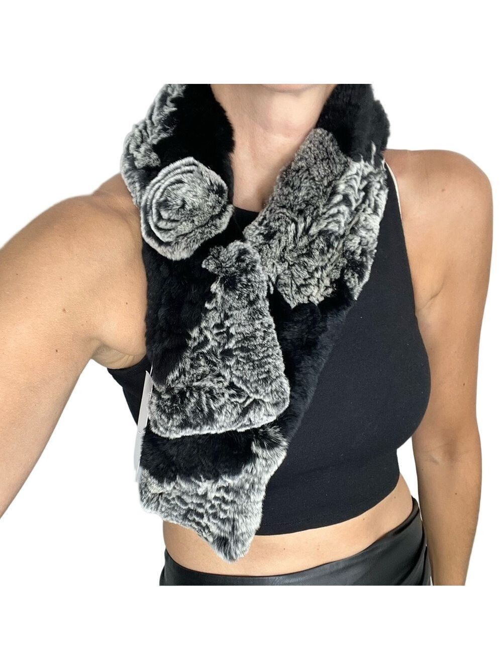 NWT genuine rabbit fur grey black super soft rosette scarf